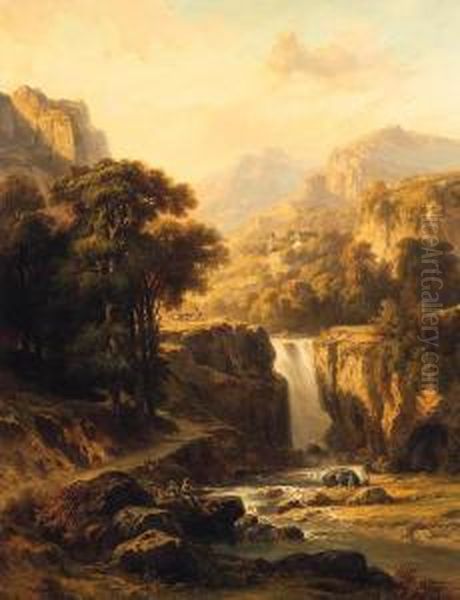 A Waterfall Cascading Through A Mountainous Landscape Oil Painting by Horace Antoine Fonville