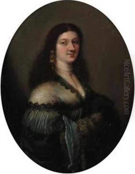 Portriat Of A Lady, Half-length,
 In A Blue Satin Dress With A Furmuff; And Portrait Of A Lady, 
Half-length, In A Grey Dress With Alace Collar Oil Painting by Girolamo Forabosco