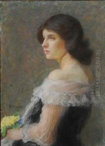 Portrait Of A Young Lady Holding A Bunch Of Primroses. Oil Painting by Elizabeth A.Stanhope Forbes