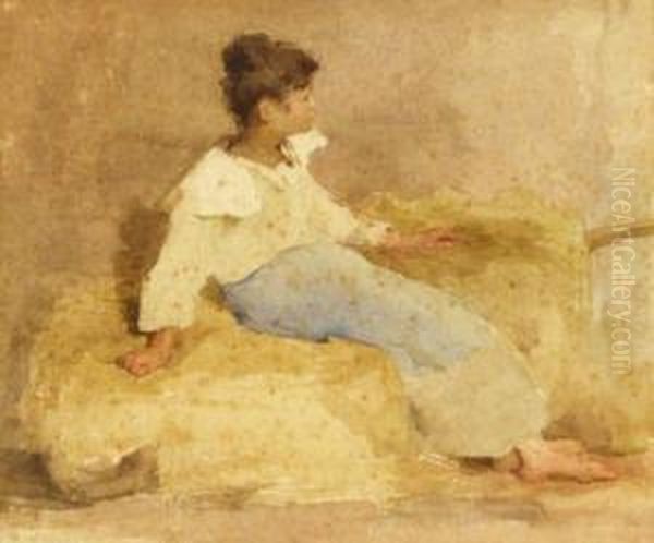 Girl On A Haybarrow Oil Painting by Elizabeth A.Stanhope Forbes