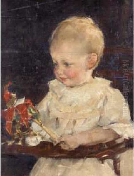 Toddler With Rattle Oil Painting by Elizabeth A.Stanhope Forbes