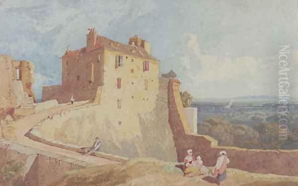 Figures on the Ramparts at Domfront Oil Painting by John Sell Cotman