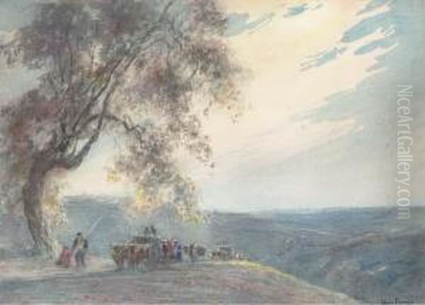 Paysage Montagneux Avec Des Voyageurs Au Premier Plan Pres D'un Arbre Oil Painting by Henri Louis Foreau