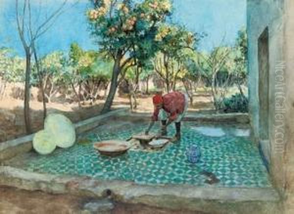 Laying Tiles By The Orange Grove Oil Painting by Amedee Forestier