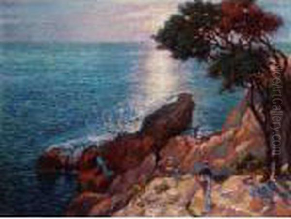 Fishing On A Rocky Outcrop At Sunset Oil Painting by Alfred Jean Foretay