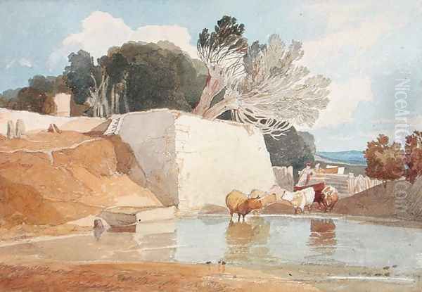 Cattle Watering Oil Painting by John Sell Cotman