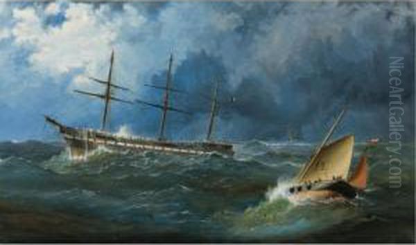 A French Sailing Packet Riding Out A Storm Off Penzance Oil Painting by H. Forrest