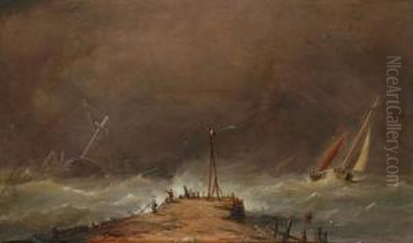 Ships In A Storm Oil Onboard 
Signed Lower Right 27 X 45 Cm Provenance: Private Collectionsweden Oil Painting by H. Forrest