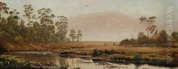 Attributed To James Haughton 
Forrest Tasmanianriver Scene Oil On Board 15 X 37.5 Cm Provenance: 
Purchasedtasmania C.1955 Private Collection Melbourne Oil Painting by H. Forrest