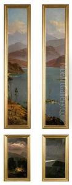 Suit Of 4 Painted Panels Of Panoramic Views Incorporated In A Door Oil Painting by H. Forrest