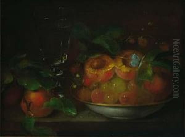 Still Life With Fruit, Glass & Butterfly Oil Painting by George Forster