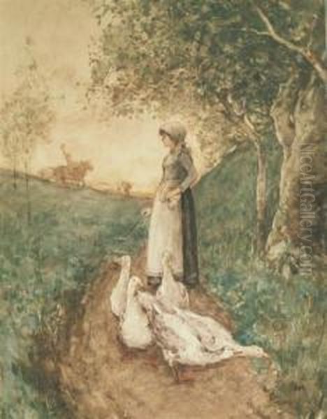 Woman With Ducks Oil Painting by William Forsyth