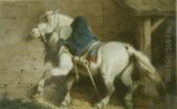 French Watercolour Horse In A Stable Signed 11.75 X 18.5in Oil Painting by Theodore Fort