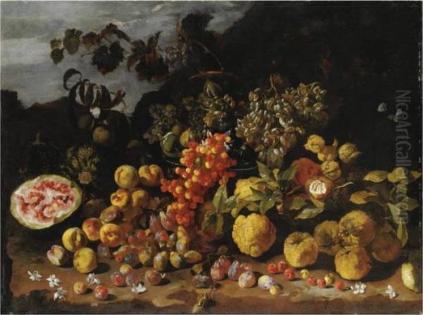 Natura Morta Di Frutta Con Prugne, Ciliegie, Anguria E Uva Oil Painting by Luca Forte