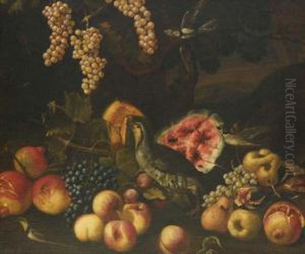 Natura Morta Con Pesche, Pere, Cocomero, Uva E Pernice Oil Painting by Luca Forte