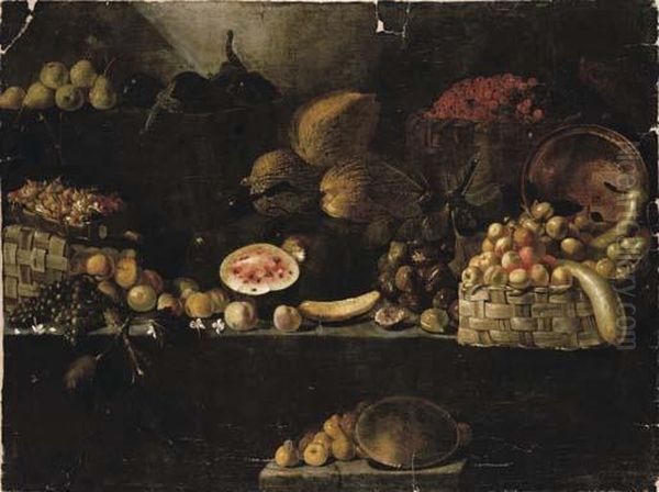 A Basket Of Apples, Calabashes, 
An Upturned Copper Vessel, Figs, Melons, With Other Fruit On Rocky 
Ledges Oil Painting by Luca Forte