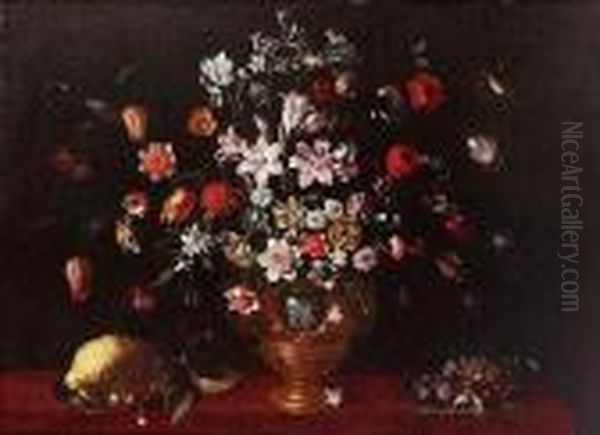 Tulips, Carnations, Lilies, 
Narcissi And Other Flowers In An Urn On A Draped Table With Plums, 
Cherries, Cobb Nuts And Fraises-du-bois On A Salver And A Lemon With 
Cherries On A Salver With Two Butterflies And A Finch Oil Painting by Luca Forte