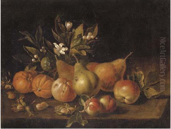 Pears, Apples, Oranges And Nuts On A Ledge Oil Painting by Luca Forte