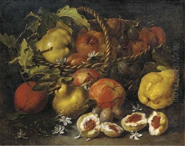 A Pear, Apples And Plums In A Woven Basket, With Figs, Jasmine, Pears And Plums Below Oil Painting by Luca Forte