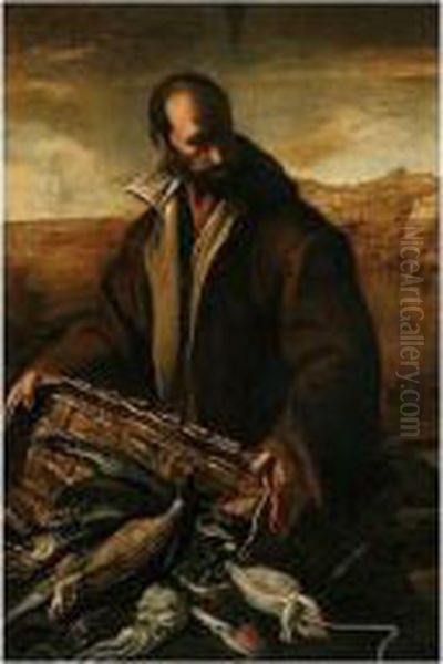 A Still Life With A Fisherman, 
Three-quarter Length Standing, Pouring His Catch From A Basket Oil Painting by Luca Forte