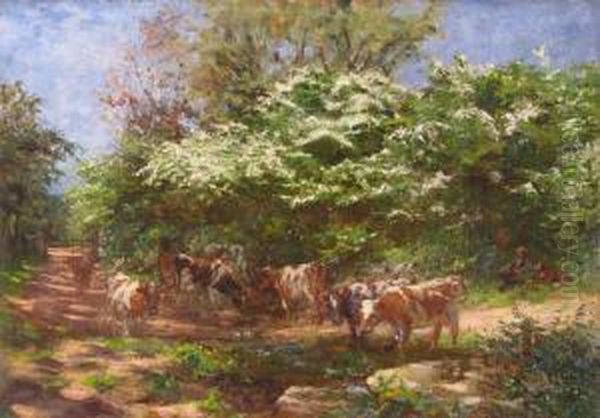 Cattle By A Stream Oil Painting by William Banks Fortescue