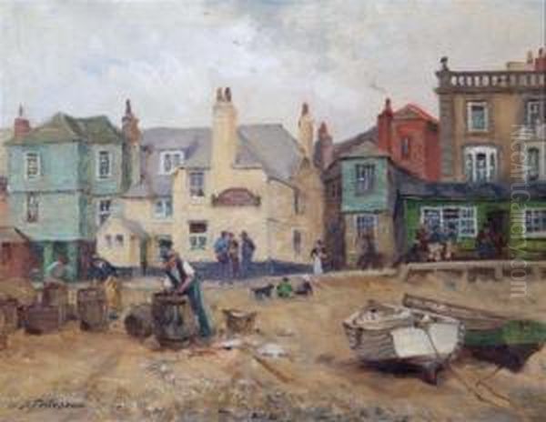 St Ives Harbour With Beached Rowing Boats And Fisher Folk Oil Painting by William Banks Fortescue