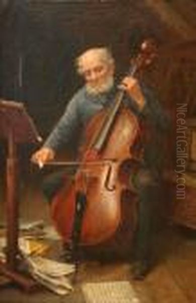 Portrait Of A Gentleman Playing Thecello Within An Interior Oil Painting by William Banks Fortescue