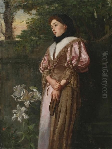 Woman By Lily Oil Painting by William Banks Fortescue