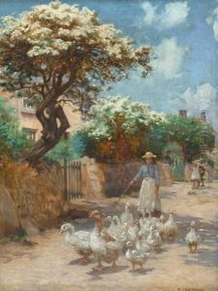 Goose Girl In A Cornish Lane Oil Painting by William Banks Fortescue