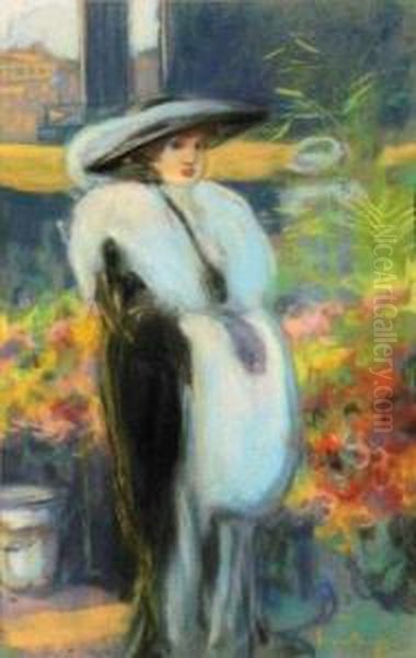 L'elegante Aux Fleurs Oil Painting by Louis Fortuney