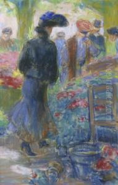 Elegante Au Marche Aux Fleurs Oil Painting by Louis Fortuney