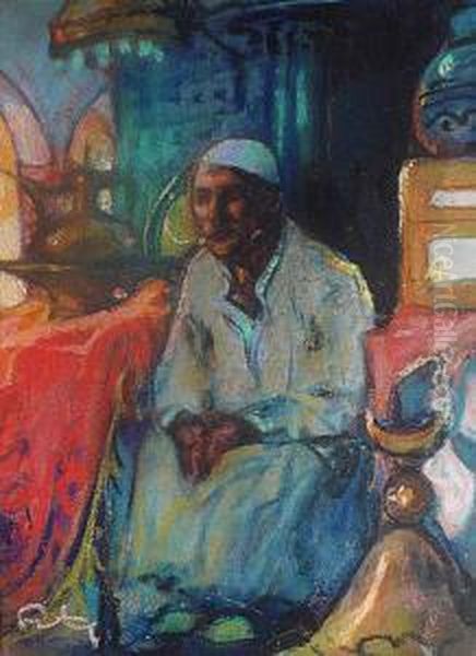 Marchand Dans Les Souks De Tunis Oil Painting by Louis Fortuney