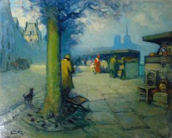 Paris, Les Bouquinistes Les Quais Oil Painting by Louis Fortuney