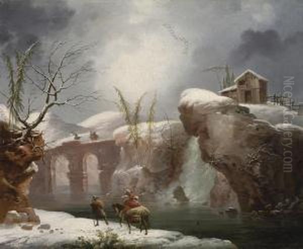 A Winter Landscape With Travellers By A River Oil Painting by Francesco Foschi