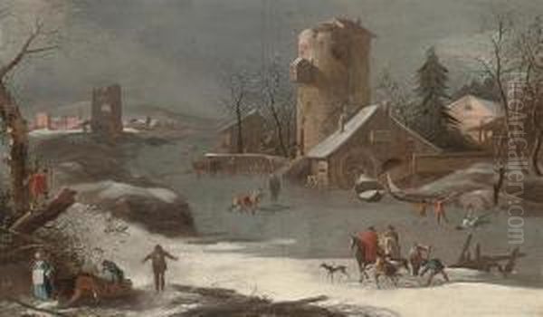 A Winter Landscape With Skaters On A Frozen River And A Townbeyond Oil Painting by Francesco Foschi