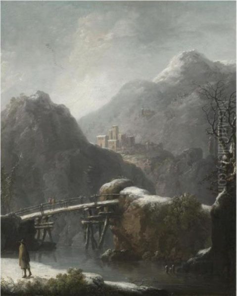 A Winter Landscape With Travellers Before A Bridge, A Hilltoptown Beyond Oil Painting by Francesco Foschi