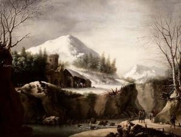 Paesaggio Innevato Con Figure Lungo Un Sentiero Di Montagna Oil Painting by Francesco Foschi