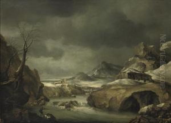 A Mountainous Winter Landscape With A Traveller Arriving At A Cottage Oil Painting by Francesco Foschi