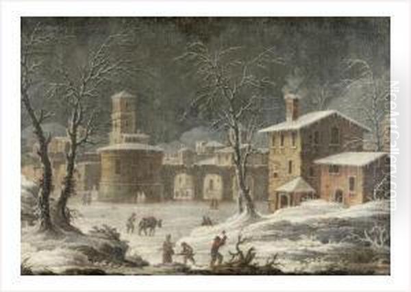 Bucherons Sous La Neige Pres D'un Village Oil Painting by Francesco Foschi