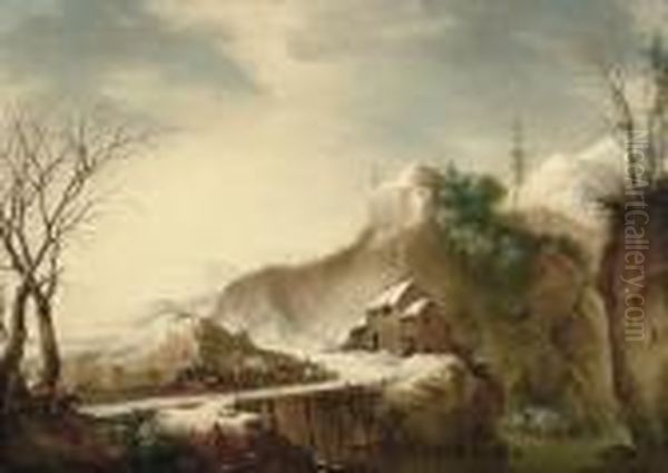 Paesaggio Innevato Con Viaggiatori Che Attraversano Il Ponte Oil Painting by Francesco Foschi