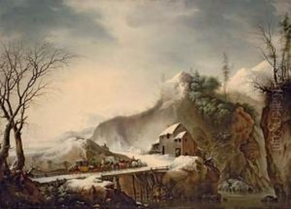 A Mountainous Winter Landscape With Travellers On Horseback Crossing A Bridge Oil Painting by Francesco Foschi