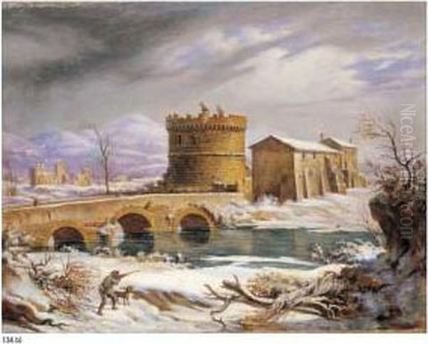 A) Viandanti E Cacciatori In Un Pasaggio Invernale B) Veduta Di Ponte Lucano Oil Painting by Francesco Foschi