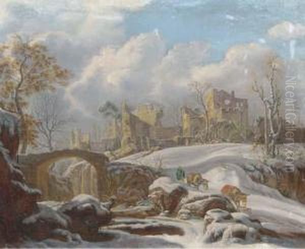 A Winter Landscape With A Peasant And His Mules By A Frozen Stream,ruins In The Distance Oil Painting by Francesco Foschi