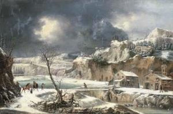 A Winter Landscape With Travellers On Horseback By A River Oil Painting by Francesco Foschi