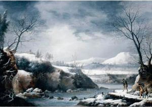 A Winter Landscape, With Figures Carrying Wood Beside A River Oil Painting by Francesco Foschi