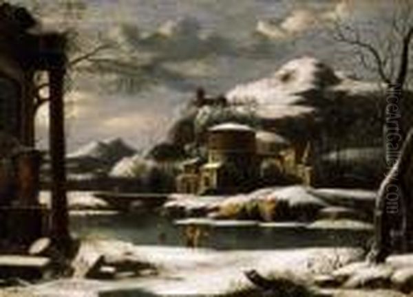 Waterside Landscape In Winter, About 1760 Oil Painting by Francesco Foschi