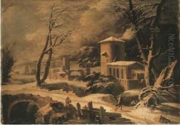 A Mountainous Winter Landscape With Peasants By Farmhouses Oil Painting by Francesco Foschi