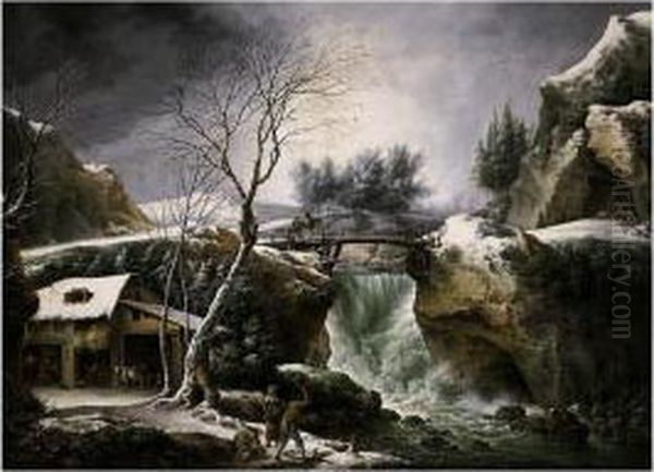 A Winter Landscape With A Waterfall And Peasants Chopping Wood Oil Painting by Francesco Foschi