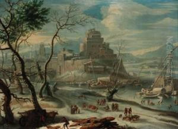 A View Of An Italian Walled Town In Winter, Thought To Beverona Oil Painting by Francesco Foschi