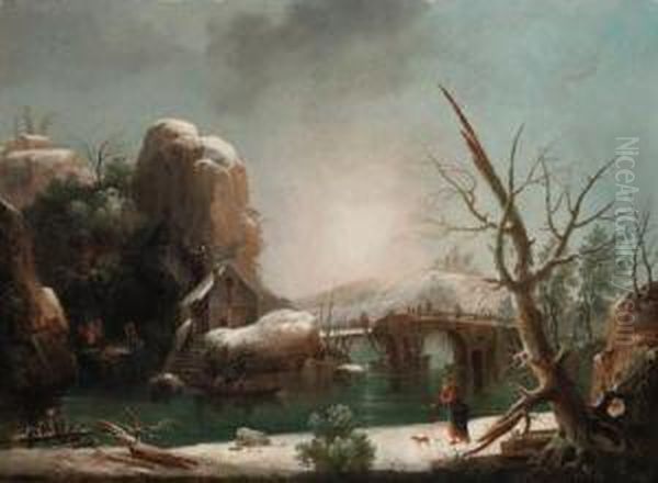 A Mountainous Winter Landscape With Peasants On A Barge Oil Painting by Francesco Foschi